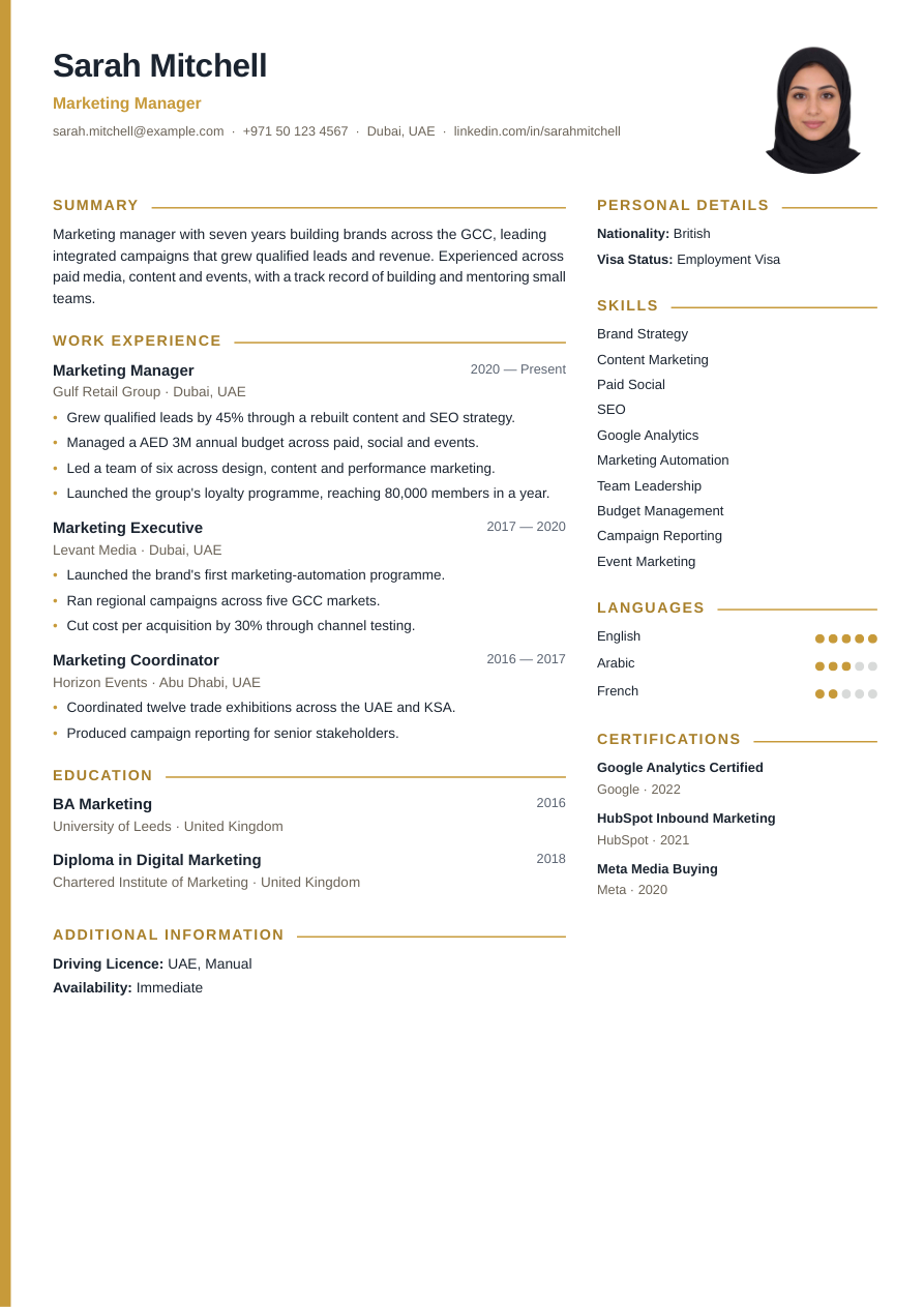 Gold Executive CV template preview